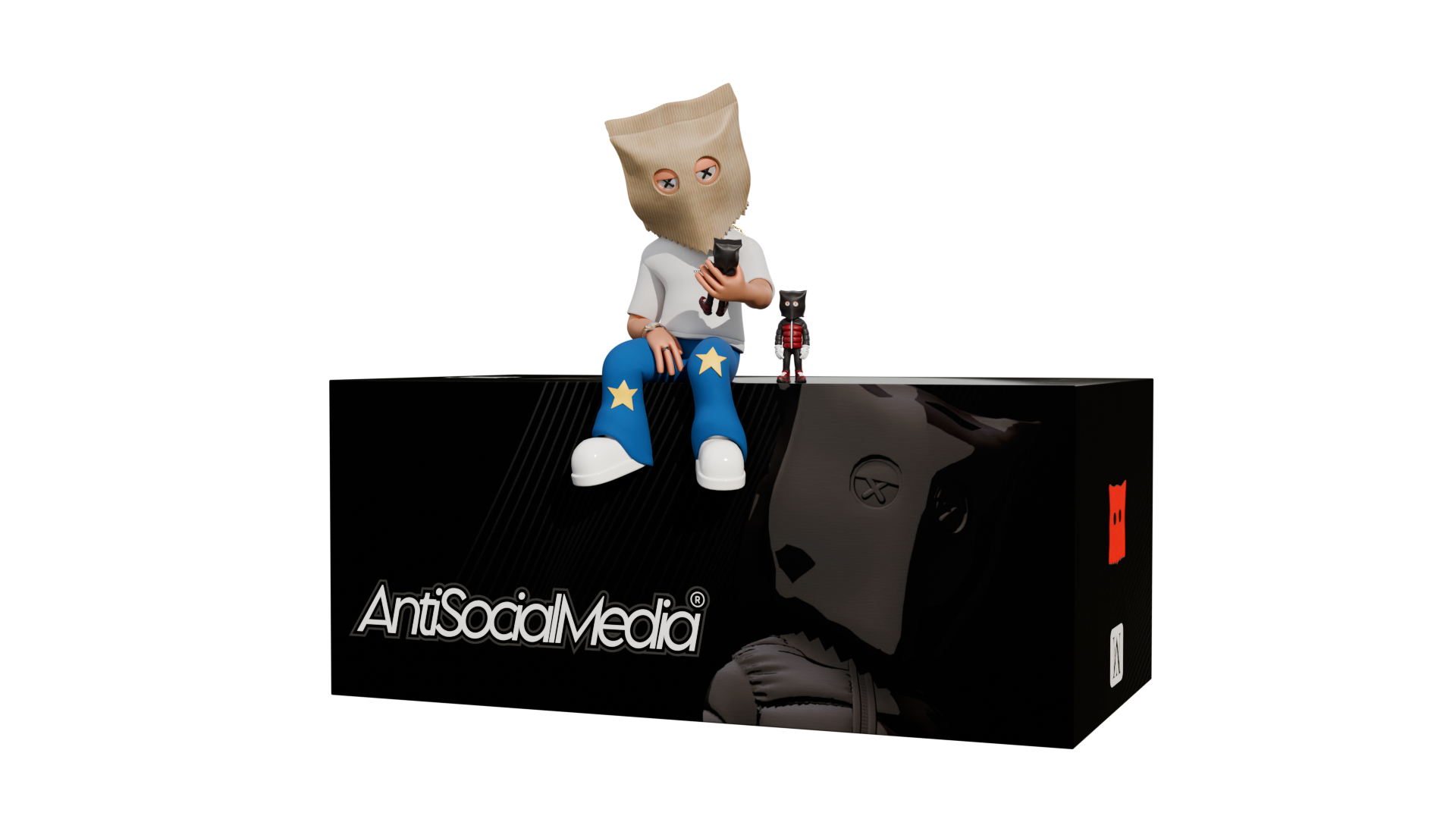 An ASM character sitting on a branded box