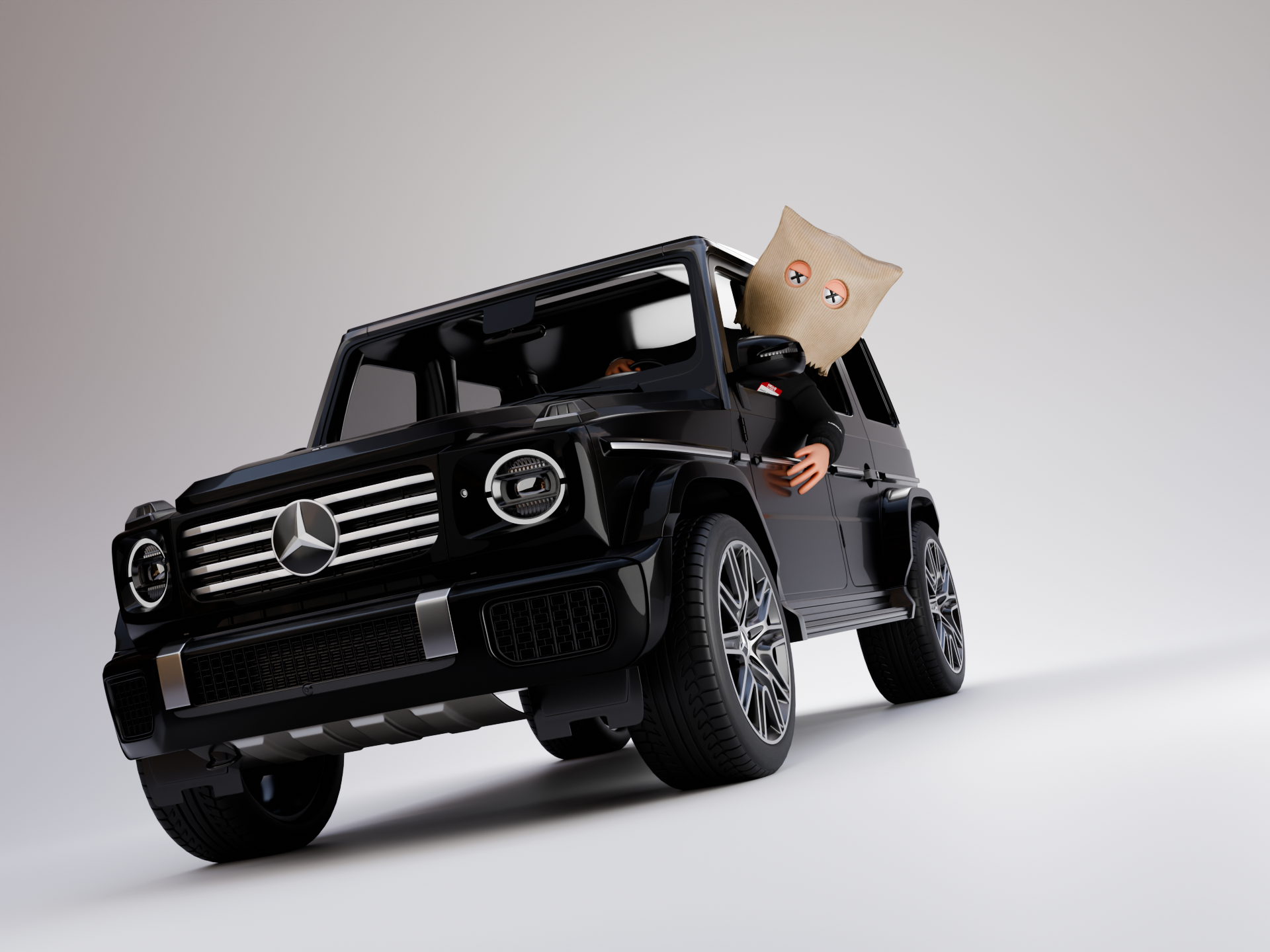 ASM paper-bag character leaning out of the window of a black off-road SUV