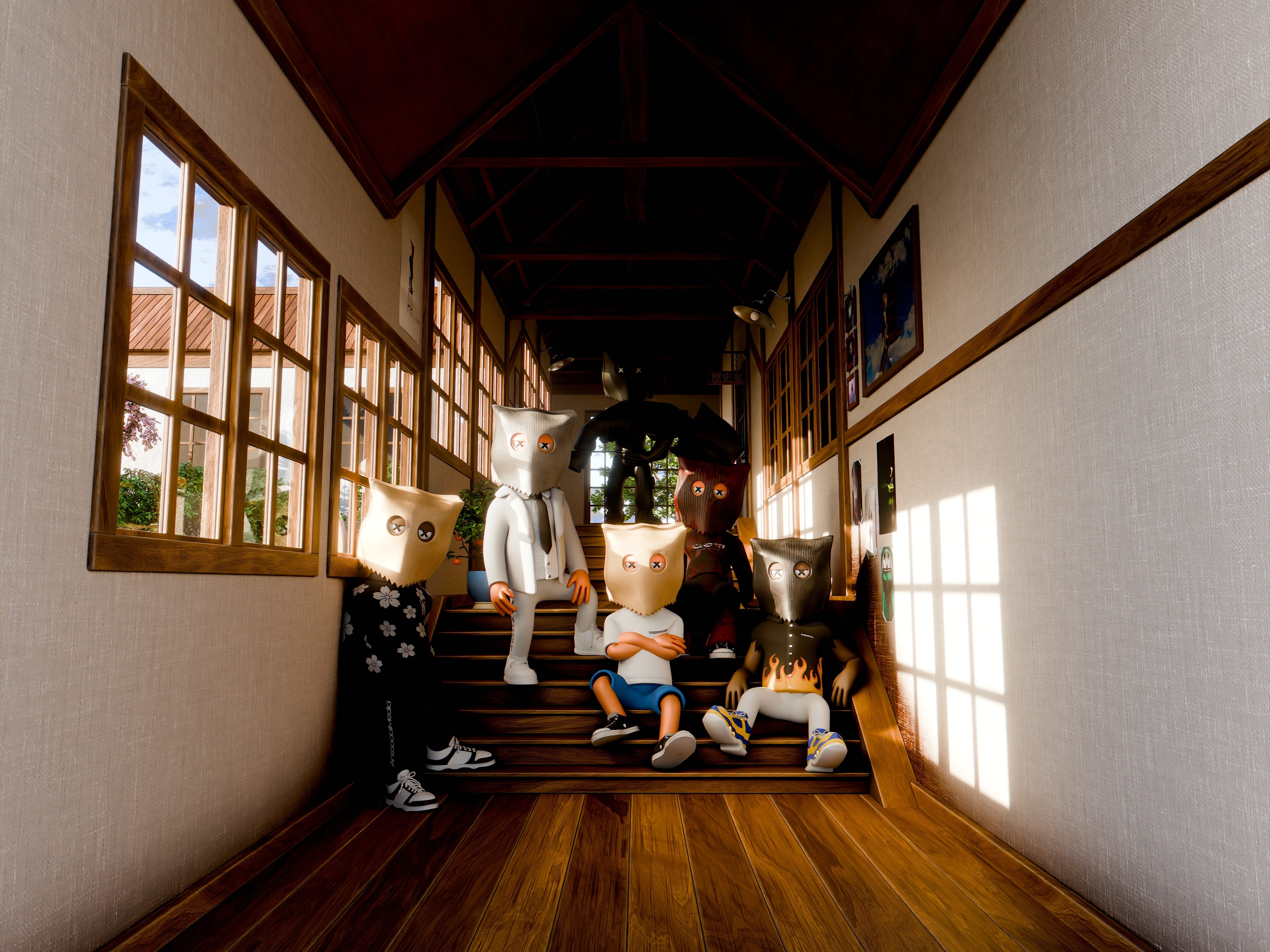 Five ASM paper-bag characters on a sunlit wooden staircase in a timber hallway, four sitting and one standing at the foot of the stairs