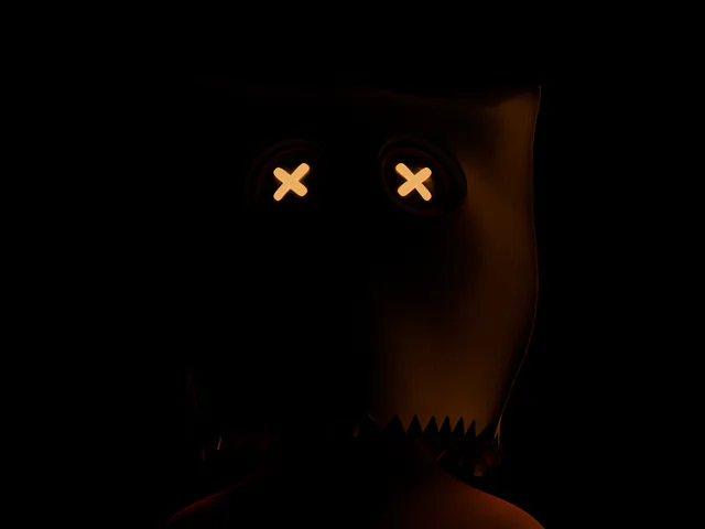 Two orange X eyes glowing in the dark