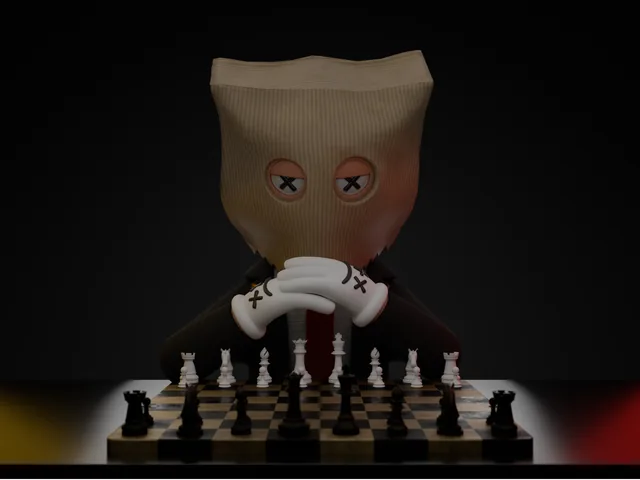 A bag-head leaning over a chess board
