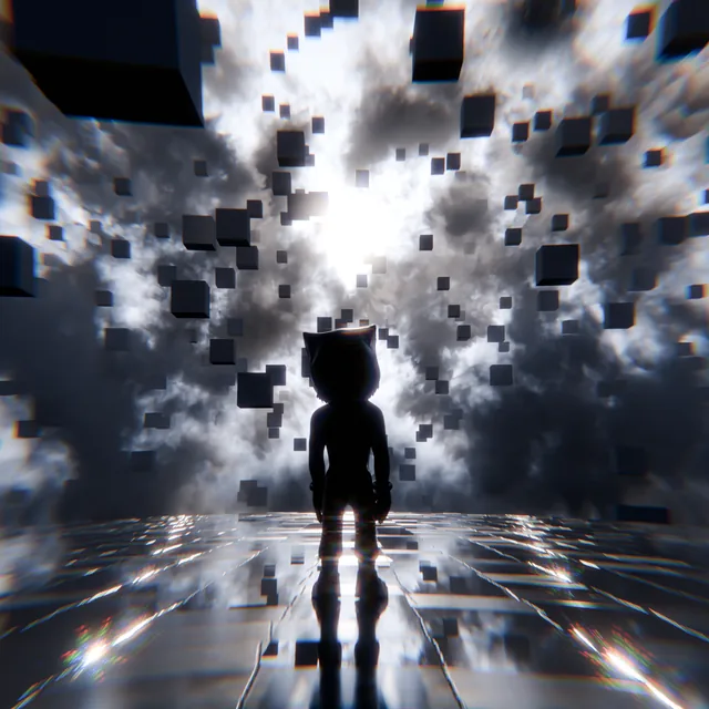 A bag-head facing a storm of floating cubes in the sky