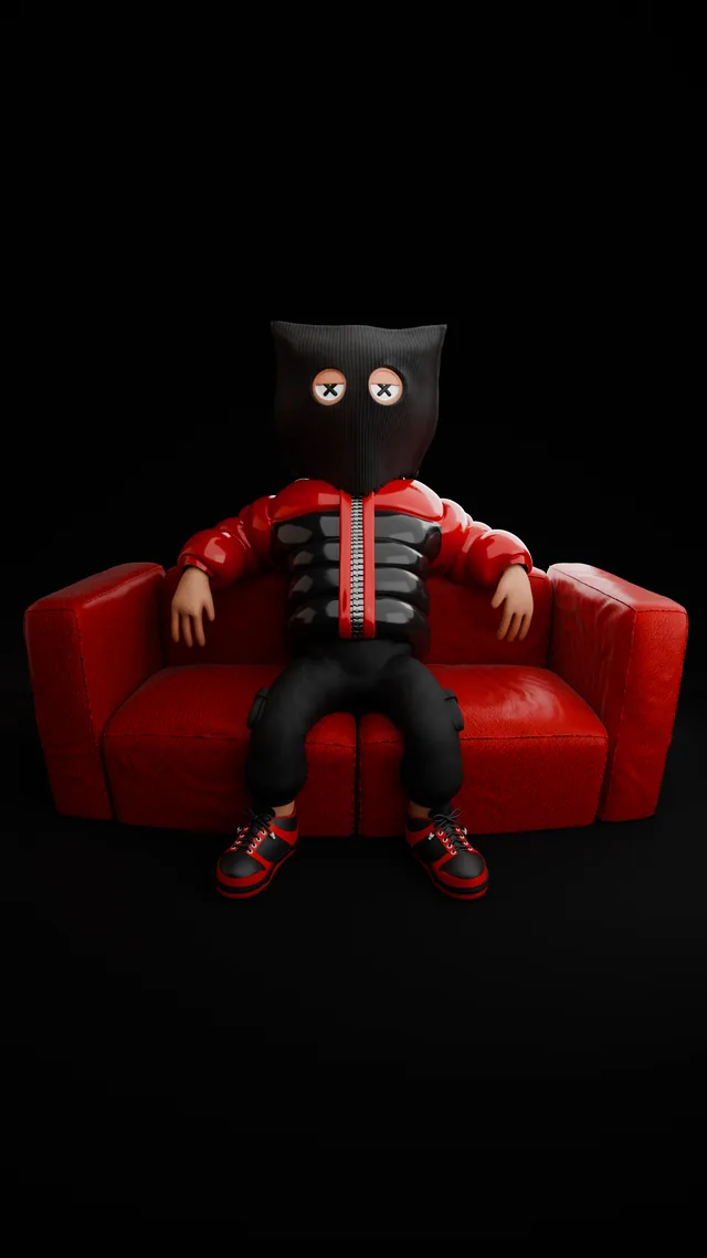 A bag-head in a red jacket sitting on a red sofa in the dark