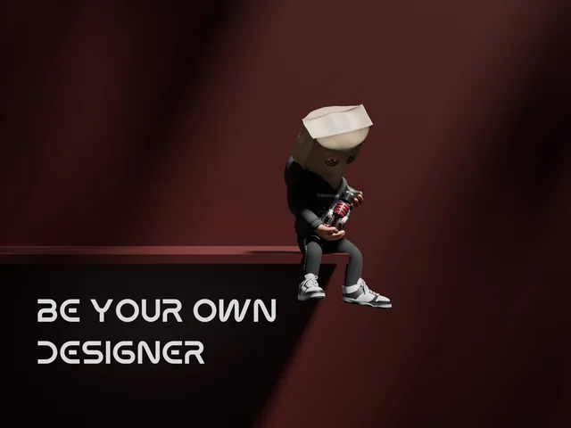 An ASM bag-head on a red stage under the words BE YOUR OWN DESIGNER