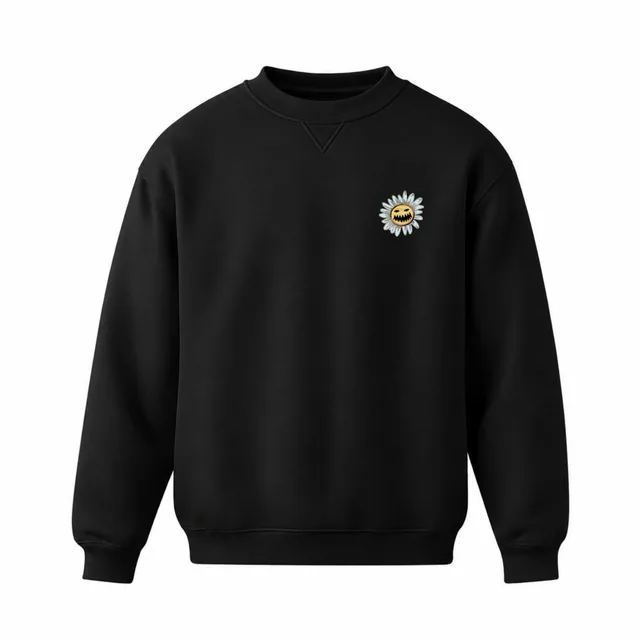Nightflower crew neck sweater, black with a small flower