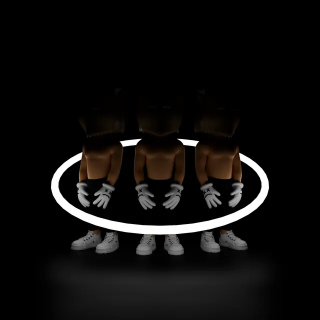Three bag-heads in a glowing ring on black
