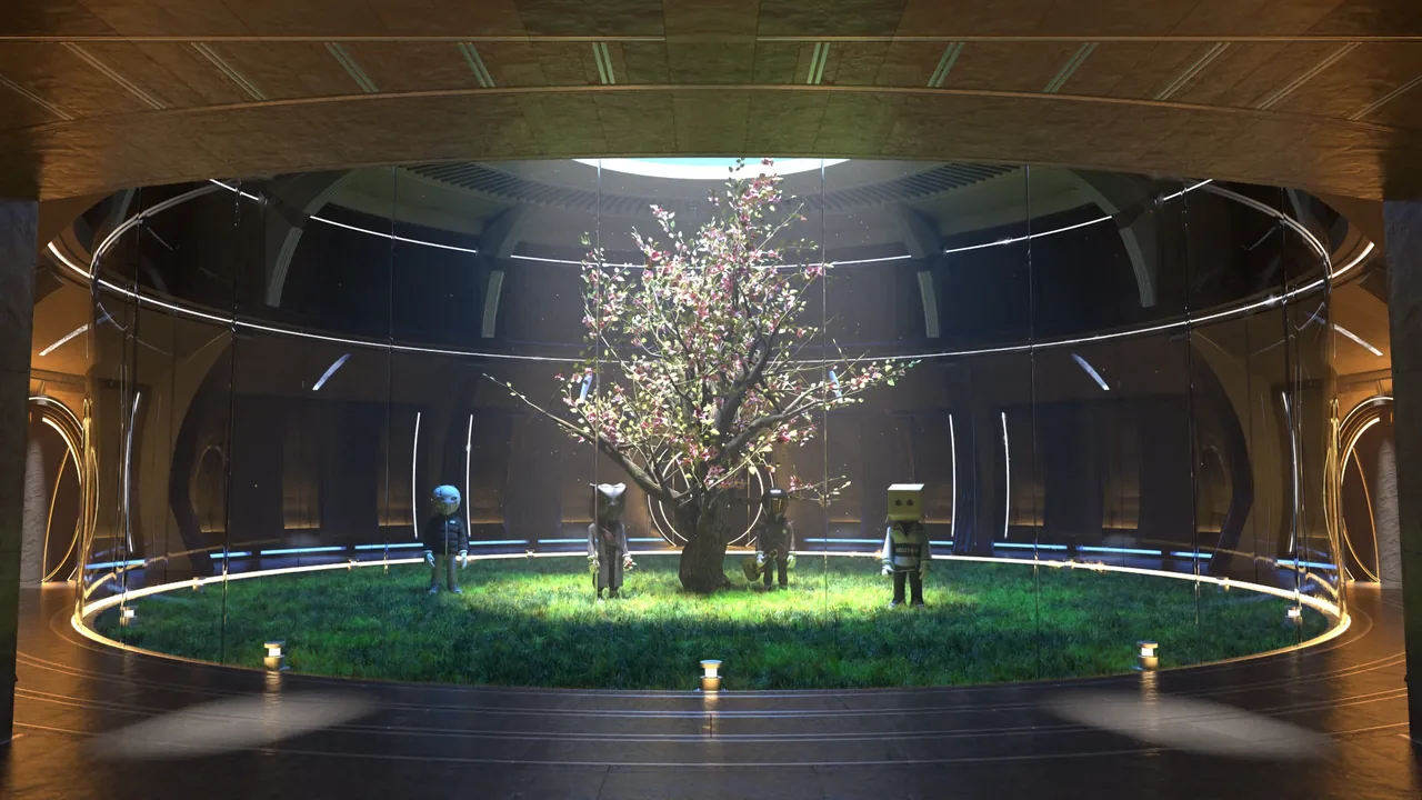 Four ASM characters around a blossom tree in a round, glass-walled atrium