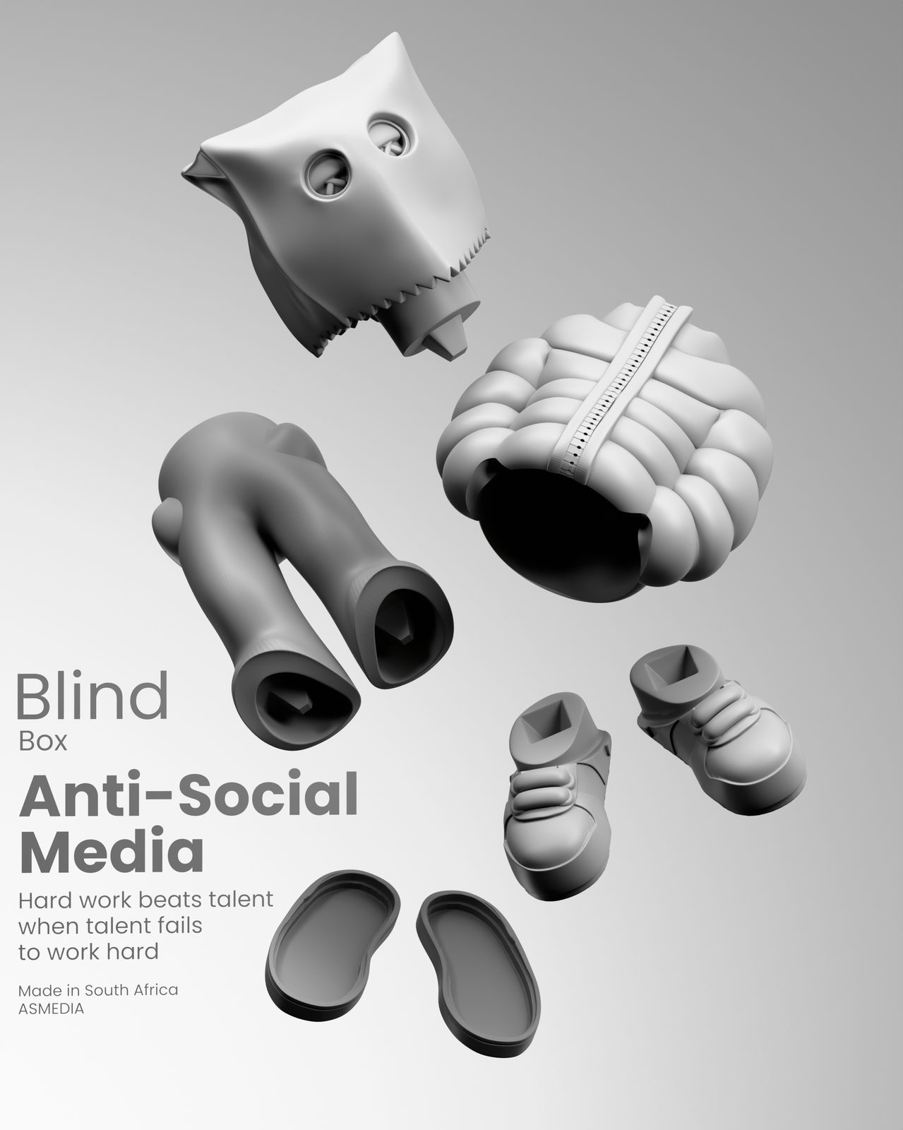 ASM blind box poster: grey 3D pieces of a figure, a paper-bag head, puffer jacket, trousers, sneakers and soles, floating beside the words Blind Box, Anti-Social Media, Made in South Africa