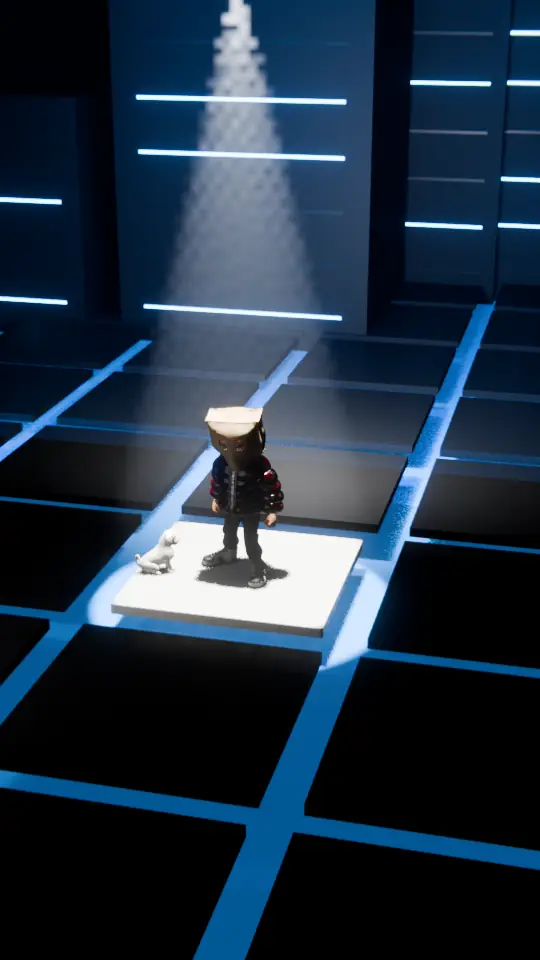 An ASM character and Scrappy under a blue spotlight on the Offline District grid, from the ASM trailer